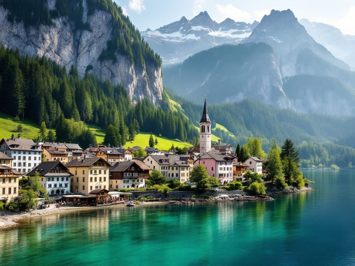 Village alpin et lac émeraude dans le Salzkammergut