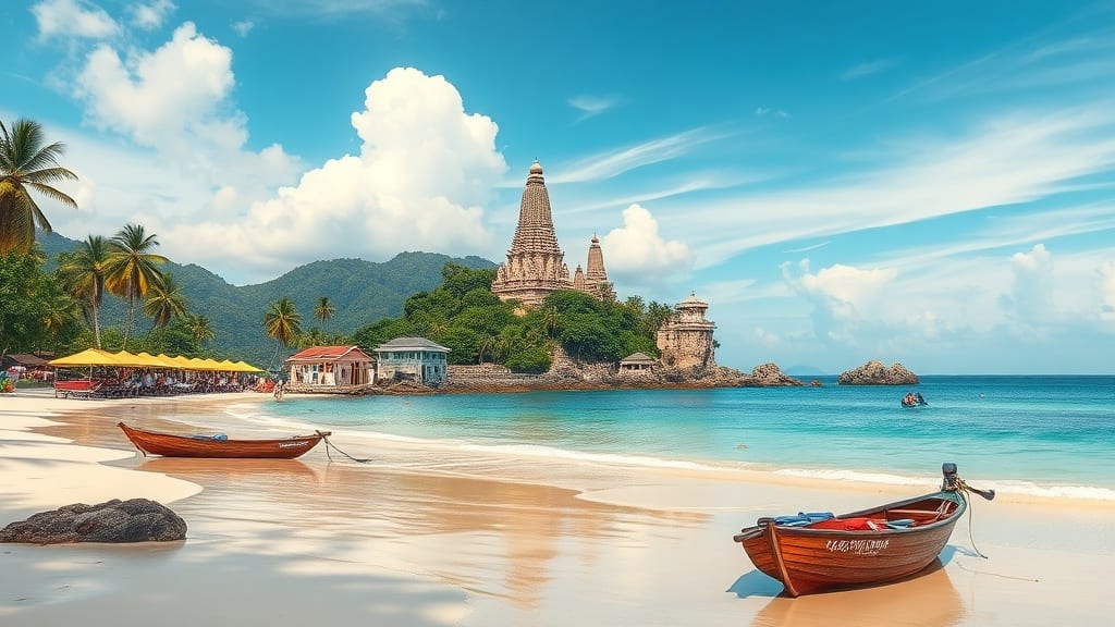 Rizières en terrasses de Bali et plage thaïlandaise côte à côte