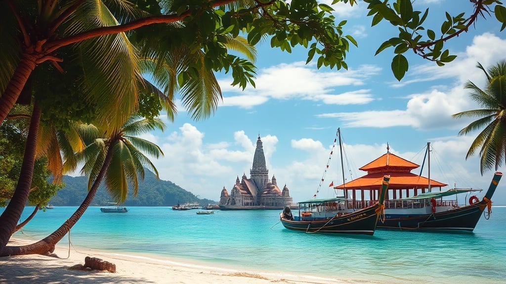 Plage tropicale et temple asiatique illustrant le choix entre Bali et la Thaïlande