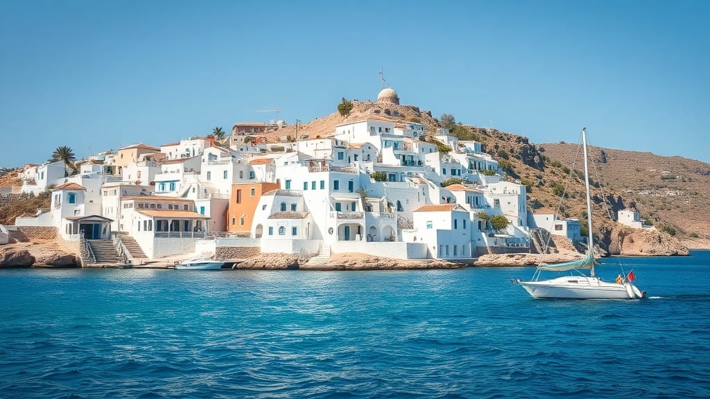Vue de la caldeira de Santorin et d'une plage sauvage de Crète