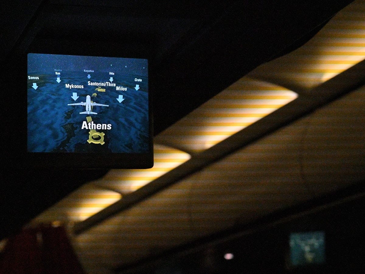 Airplane flight path display showing destinations