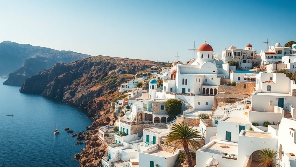Village blanc aux dômes bleus surplombant la mer Égée en Grèce