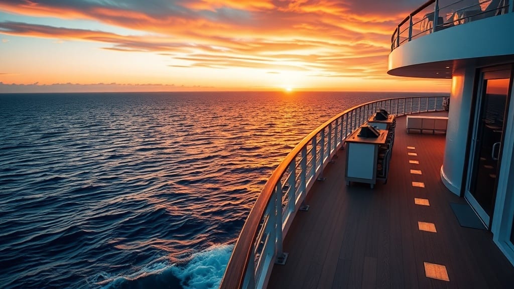 Grand navire de croisière voguant sur l'océan au coucher du soleil, ponts illuminés