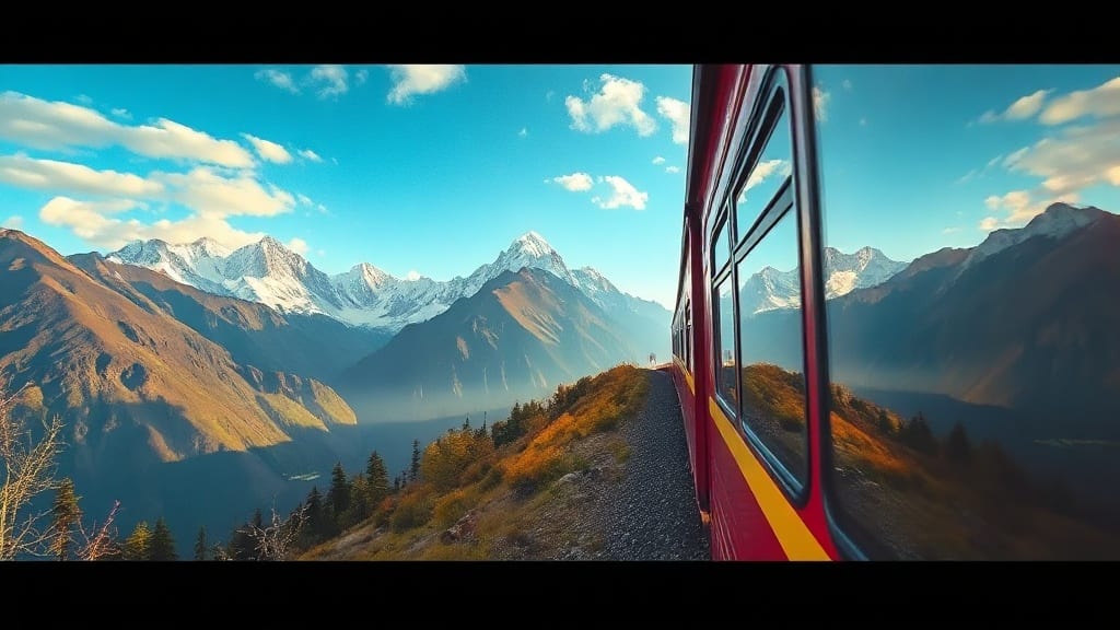 Train rouge franchissant un viaduc dans les Alpes suisses enneigées