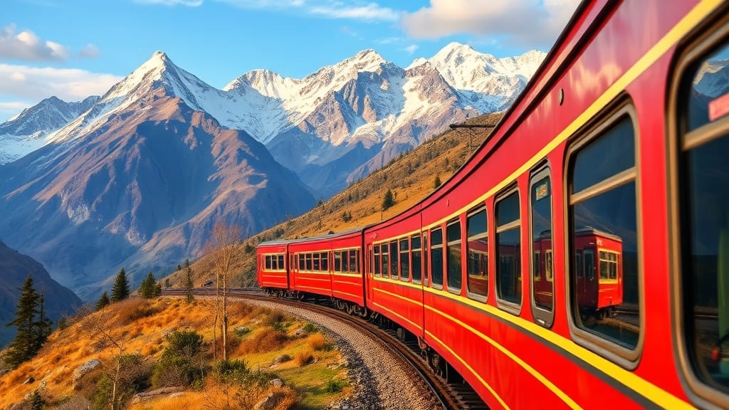 Train panoramique traversant un paysage de montagne spectaculaire