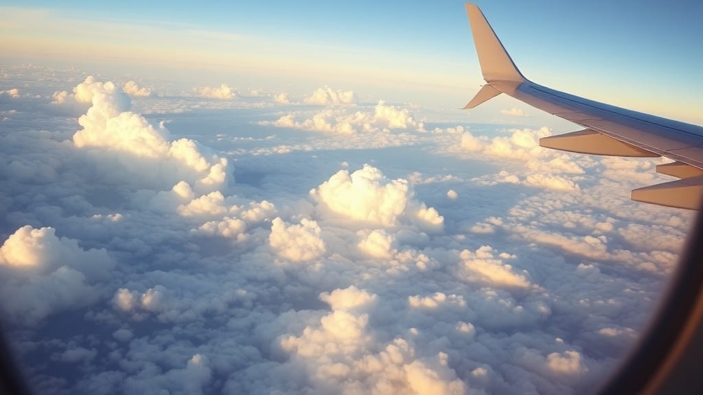 Aile d'avion survolant une mer de nuages en altitude