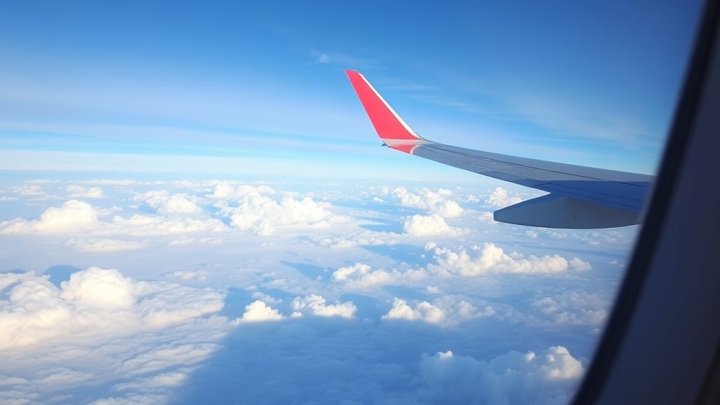 Vue depuis un hublot d'avion sur les nuages au coucher du soleil