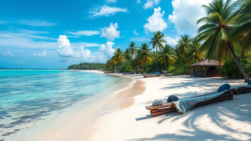 Lagon turquoise et plage déserte sur une île tropicale