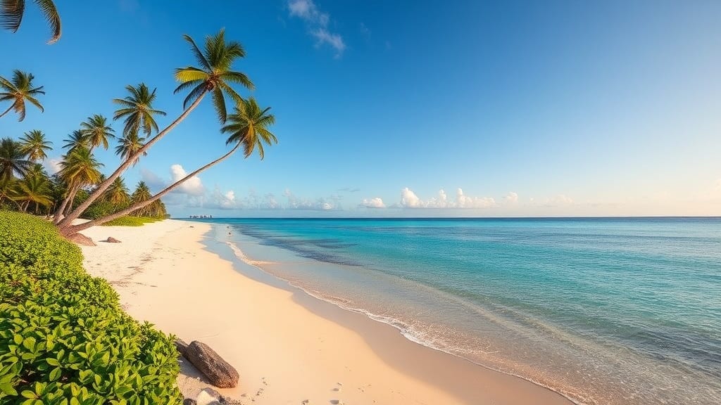 Plage de sable blanc bordée de cocotiers et lagon turquoise sur une île tropicale