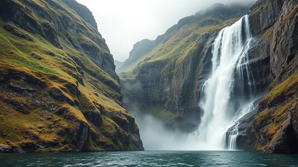 Fjord nordique avec cascade et montagnes spectaculaires