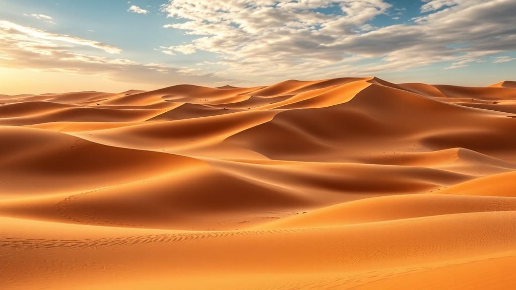 Médina d'Afrique du Nord et dunes de désert sous un ciel doré
