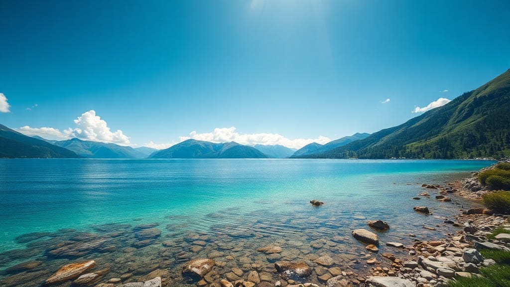 Lac alpin turquoise et littoral ensoleillé évoquant les vacances d'août