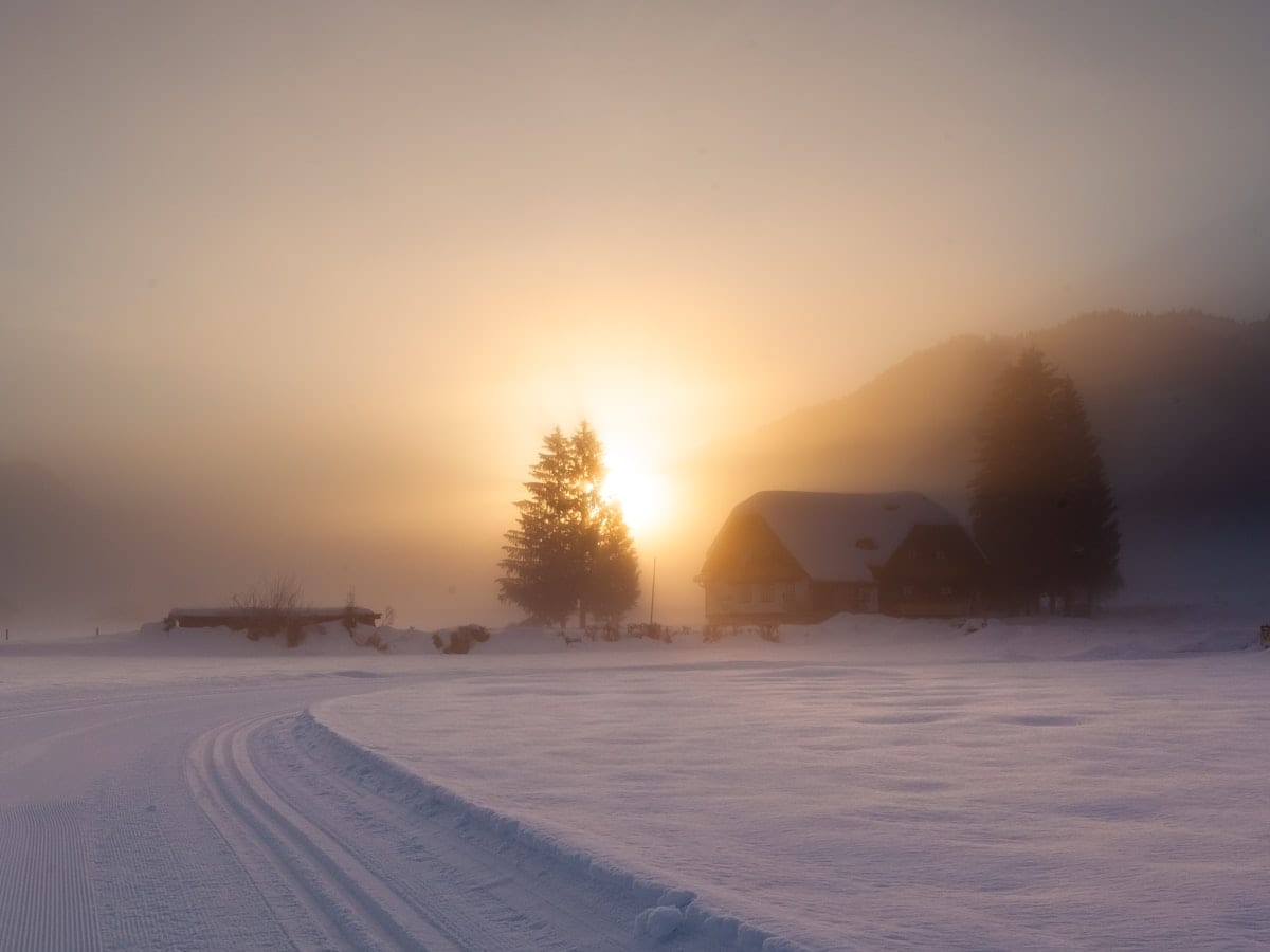 snow covered field during sunset
