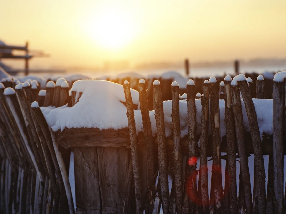 brown wooden fence covered by snow during sunset