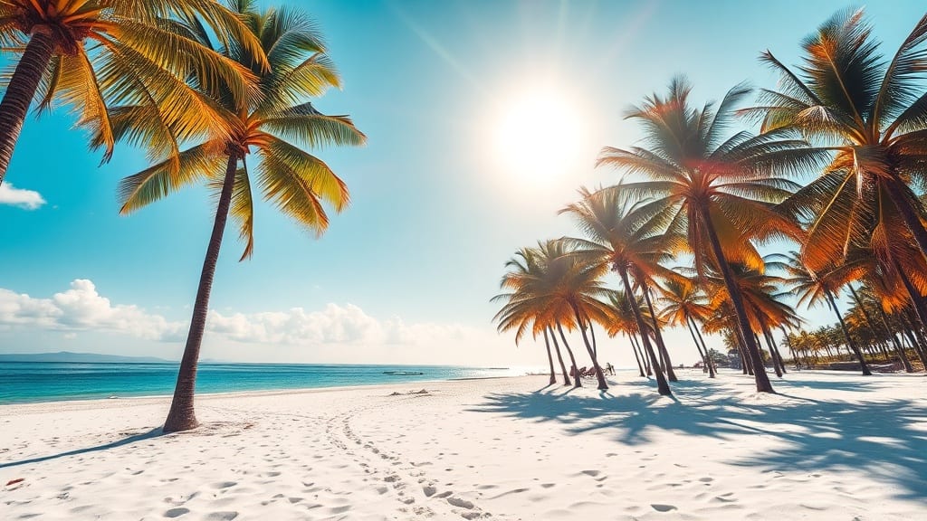 Lagon turquoise et plage de sable blanc bordée de palmiers