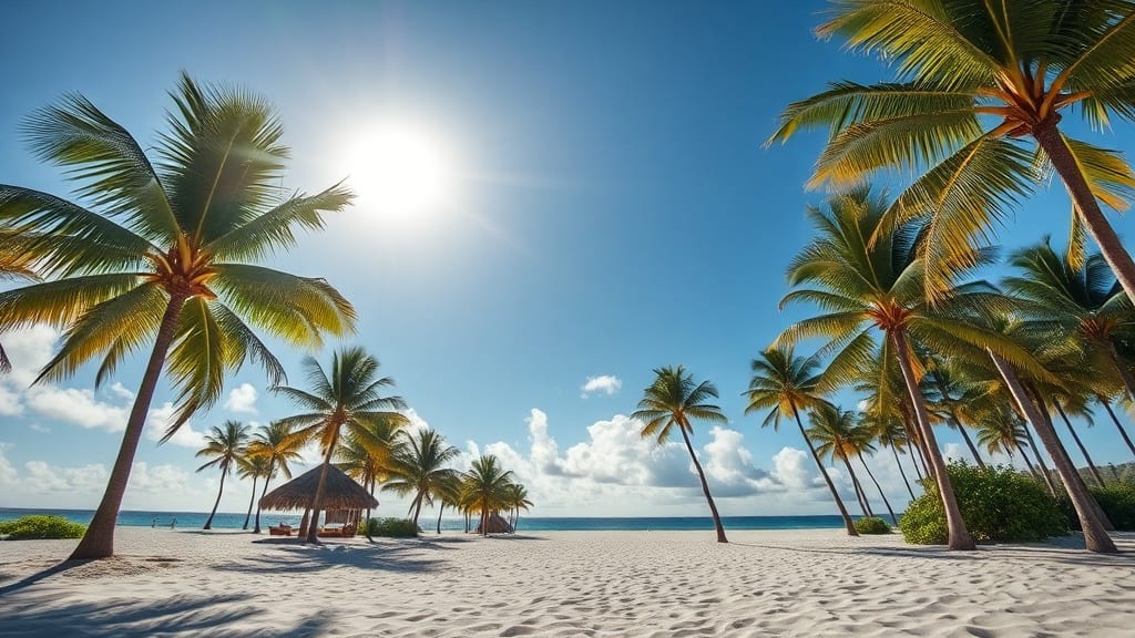 Plage tropicale au sable blanc et cocotiers sous le soleil d'hiver