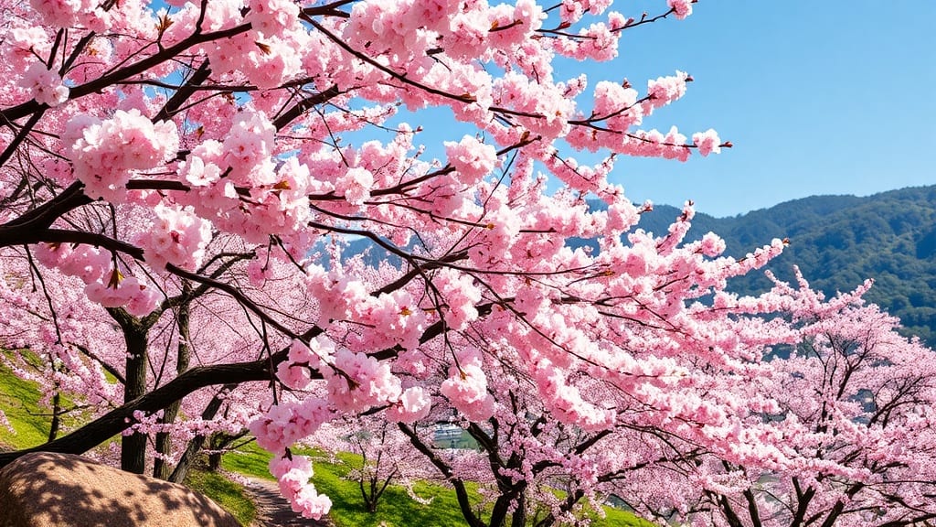 Paysage de printemps avec cerisiers en fleurs au mois de mars