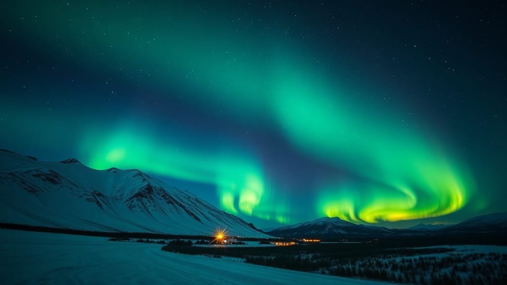 Aurore boréale verte ondulant dans un ciel nocturne au-dessus d'un paysage enneigé