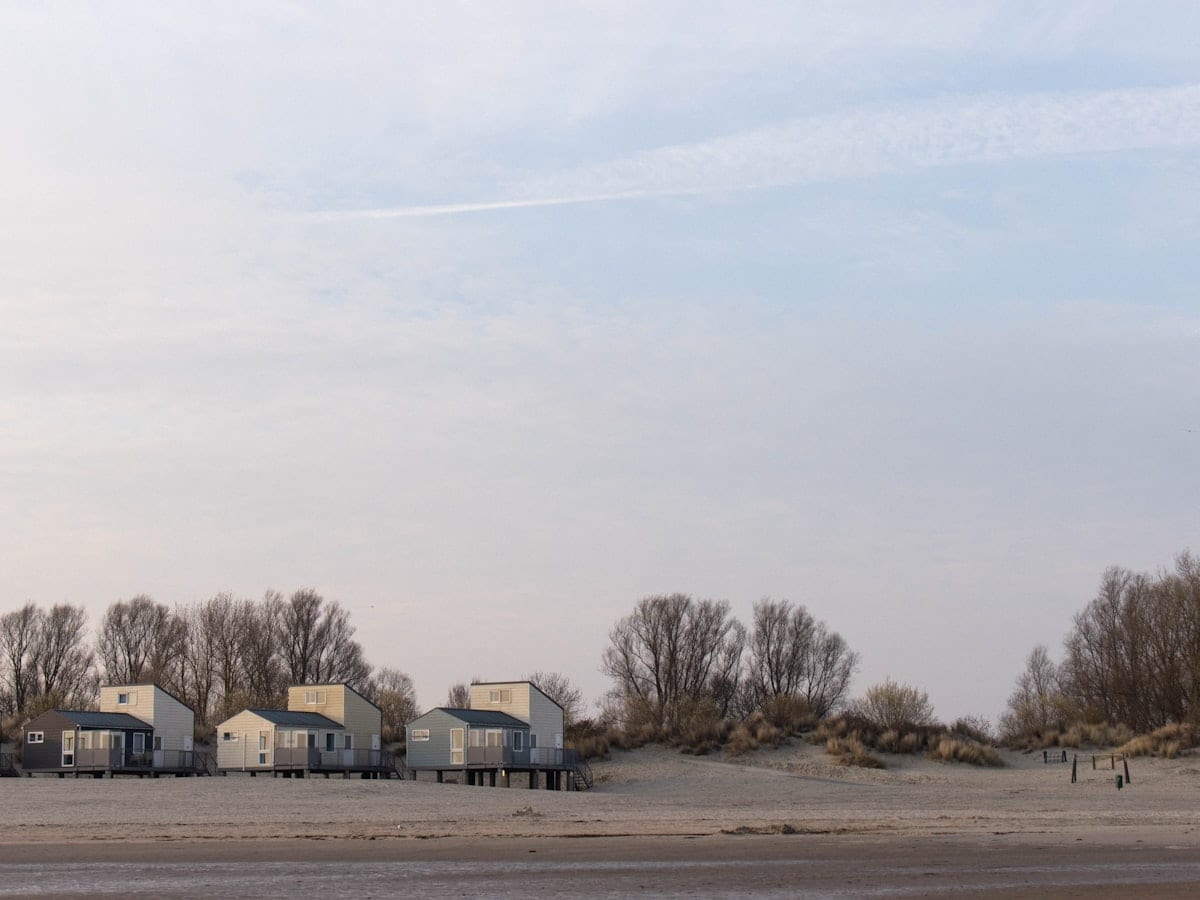 Small beach houses lined up on a sandy shore.