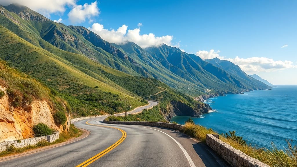 Voiture sur une route côtière sinueuse surplombant l'océan turquoise