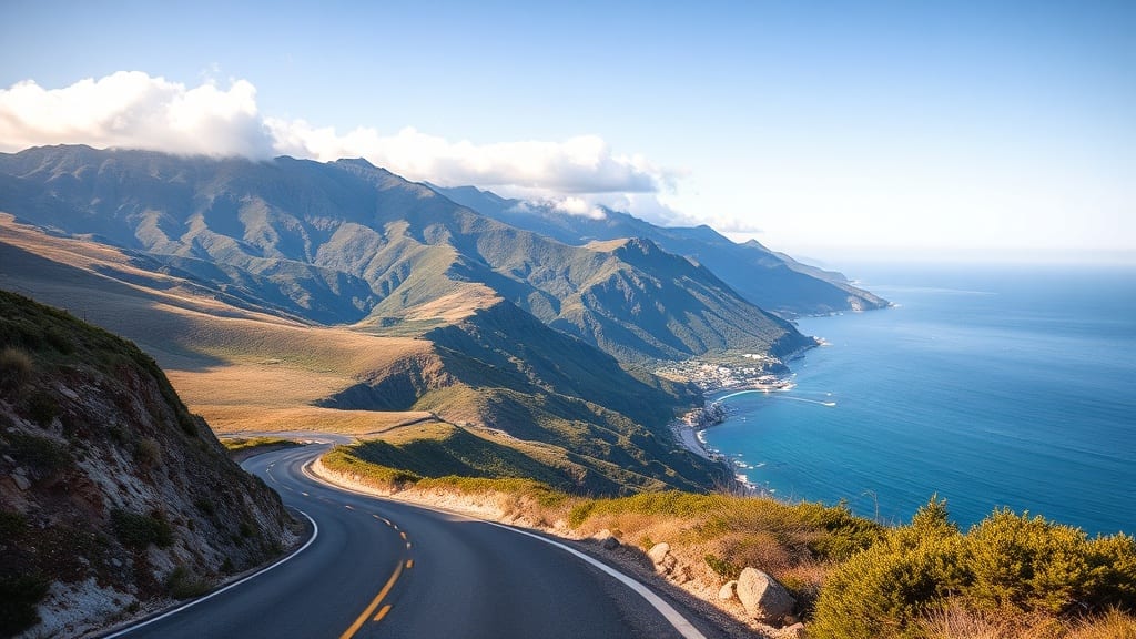 Route sinueuse longeant une côte spectaculaire entre océan et montagnes