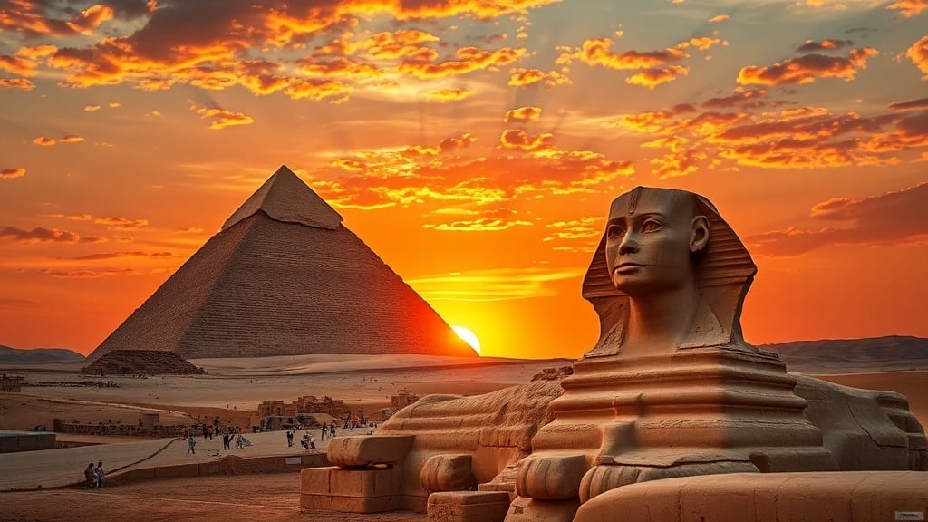 Pyramides de Gizeh et Sphinx au coucher du soleil en Égypte