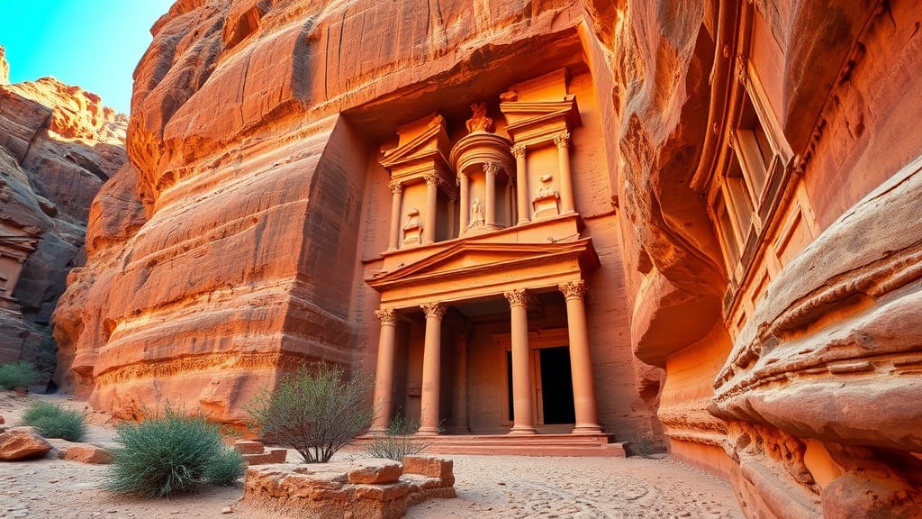 Façade du Trésor de Petra en pierre rose au lever du soleil