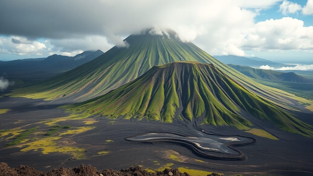 Volcan et cirque verdoyant de La Réunion sous un ciel dégagé