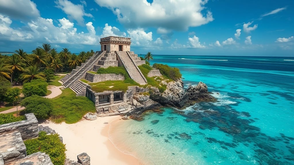 Plage caraïbe turquoise et cocotiers de la Riviera Maya au Mexique