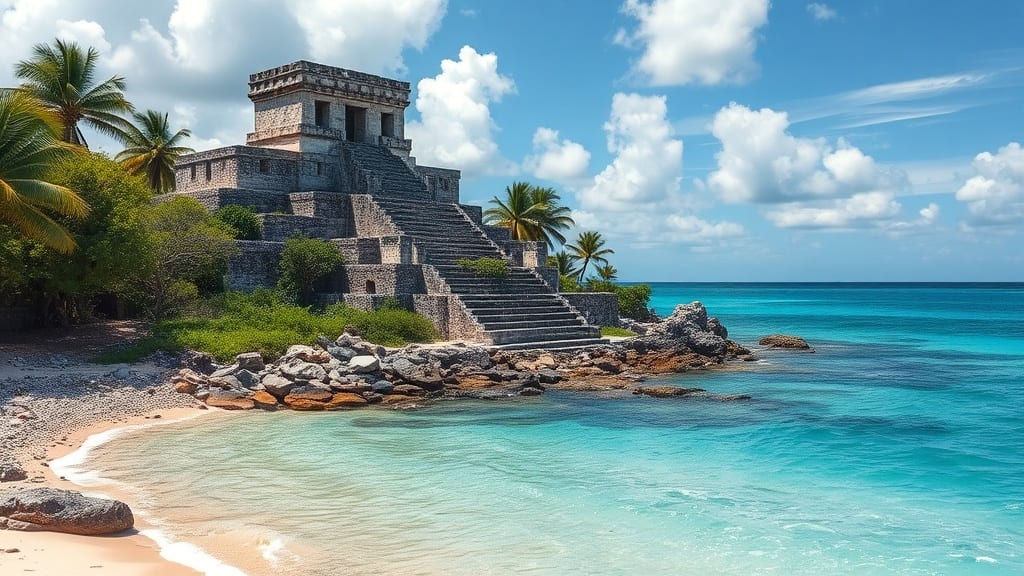 Ruines mayas de Tulum dominant une plage turquoise au Mexique