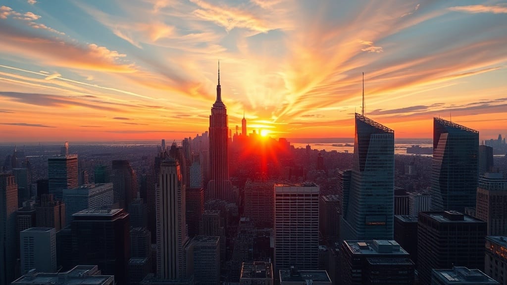 Gratte-ciel de Manhattan au coucher du soleil