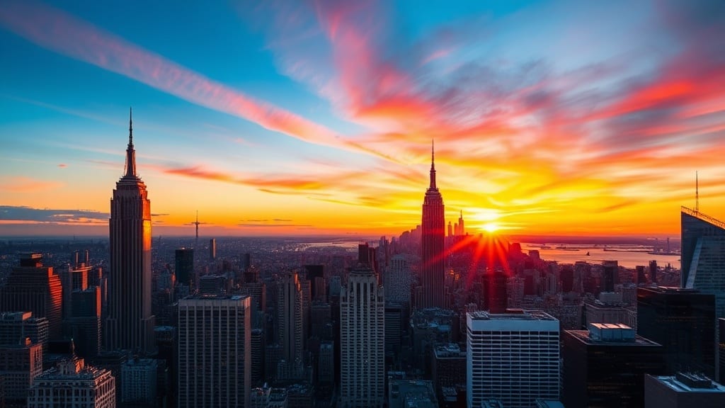 Skyline de Manhattan illuminée au coucher du soleil à New York