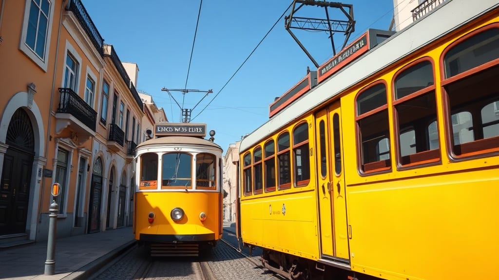 Tramway jaune typique dans une rue pavée de Lisbonne