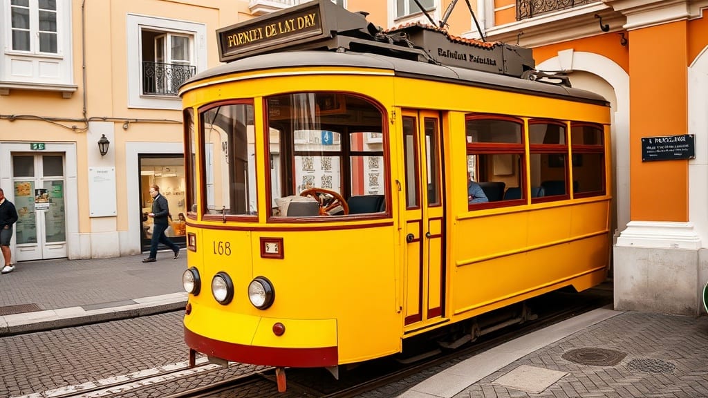 Tramway jaune et façades d'azulejos dans les rues de Lisbonne
