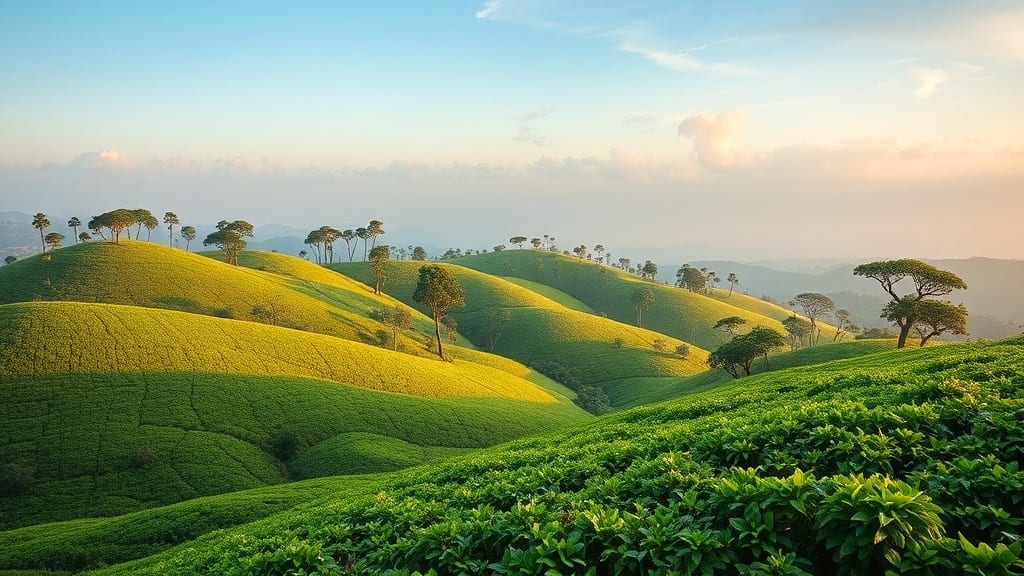 Plantation de thé en terrasses dans les collines du Sri Lanka