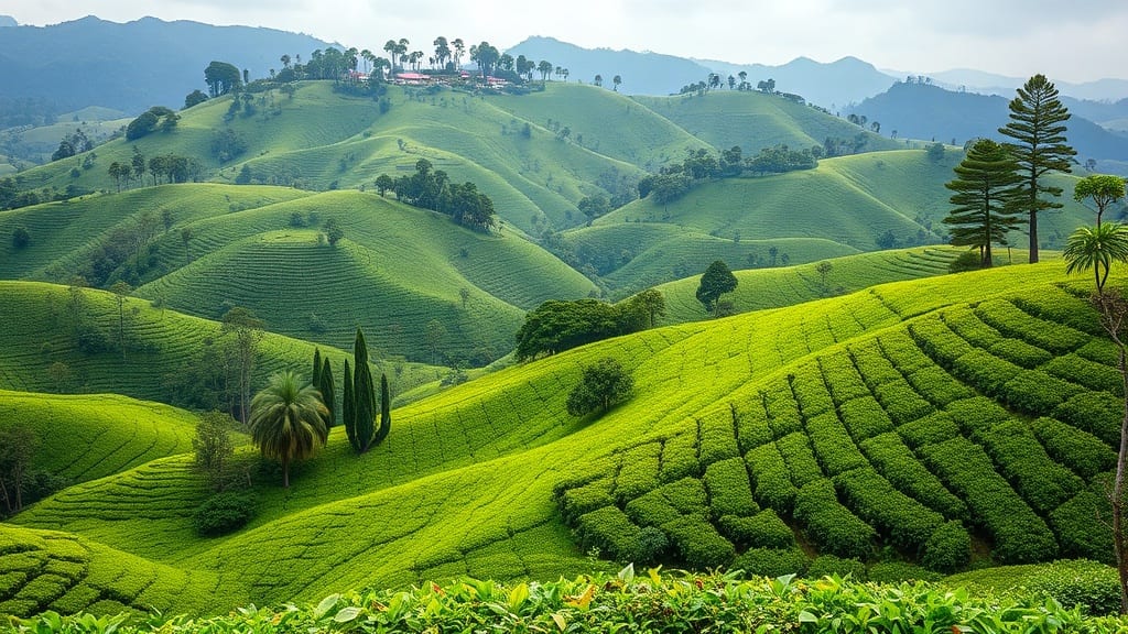 Collines verdoyantes couvertes de plantations de thé au Sri Lanka