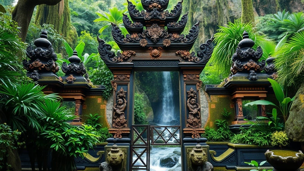 Portes d'un temple balinais ouvertes sur la jungle et une cascade