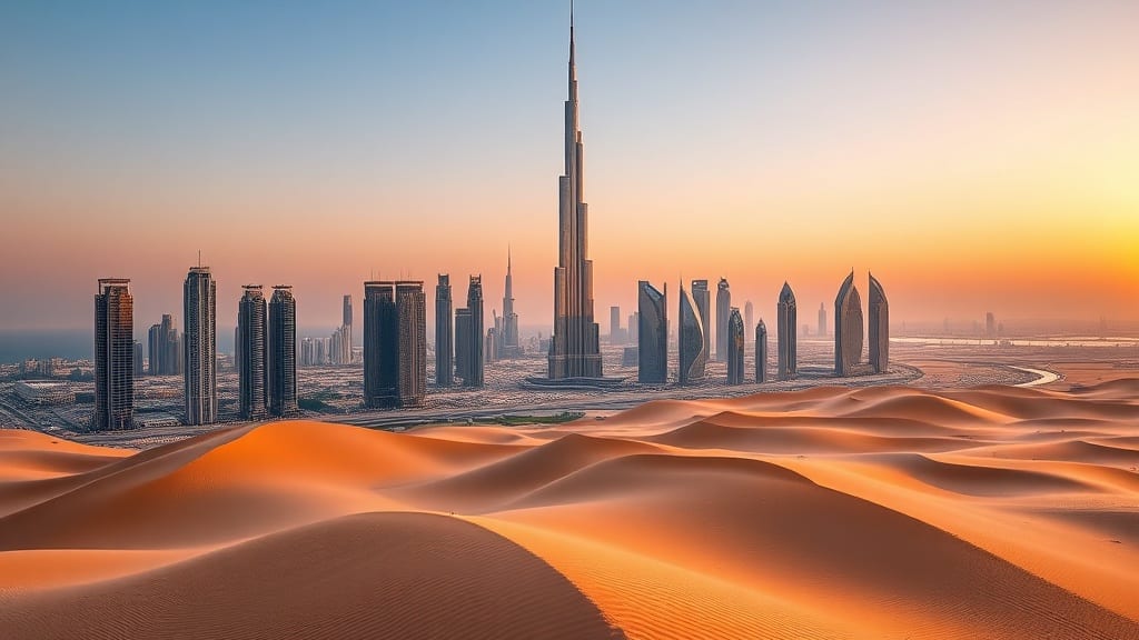 Skyline de Dubaï dominée par le Burj Khalifa au coucher du soleil
