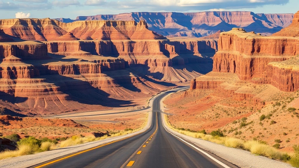 Route déserte traversant les paysages rouges de l'Ouest américain