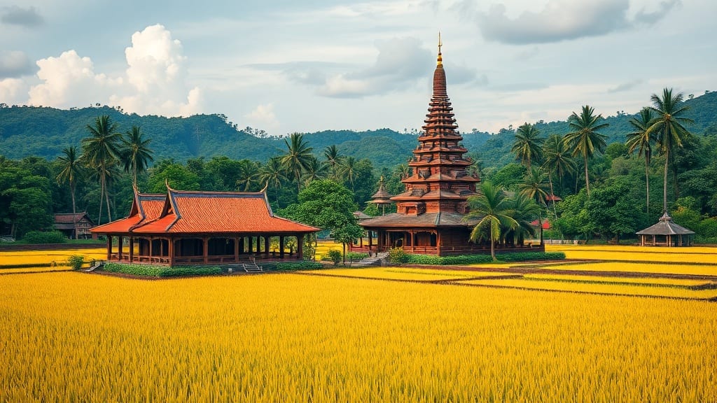 Temple khmer et rizières en terrasses d'Asie du Sud-Est