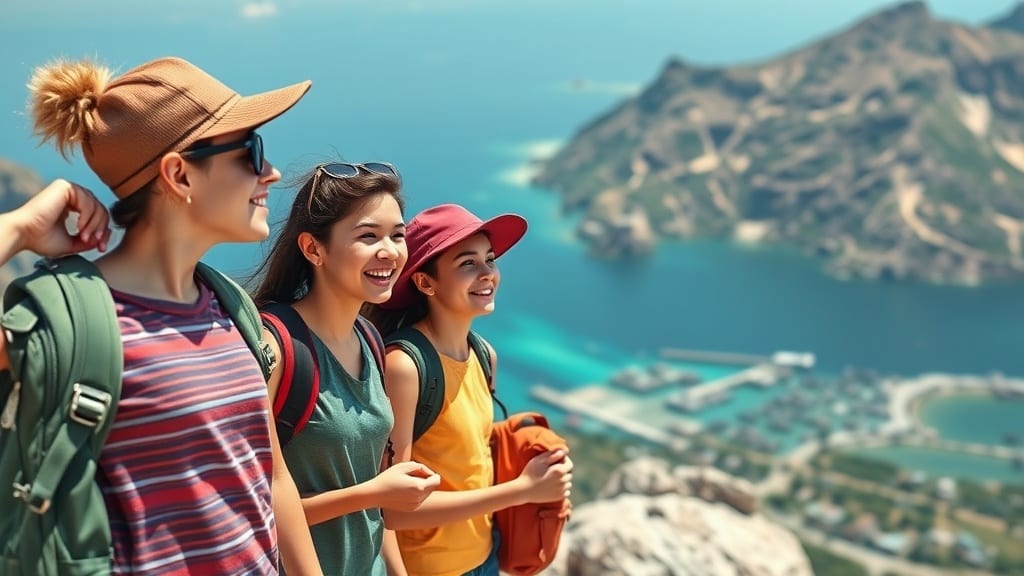 Adolescents en randonnée souriants devant un paysage de montagne spectaculaire
