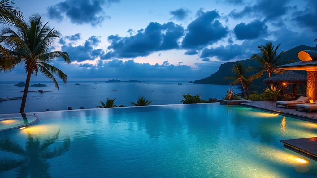 Piscine à débordement d'un spa tropical face à une nature luxuriante