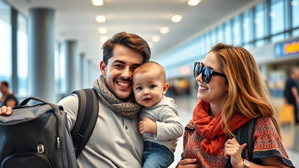 Parents avec un bébé dans un aéroport, prêts à embarquer