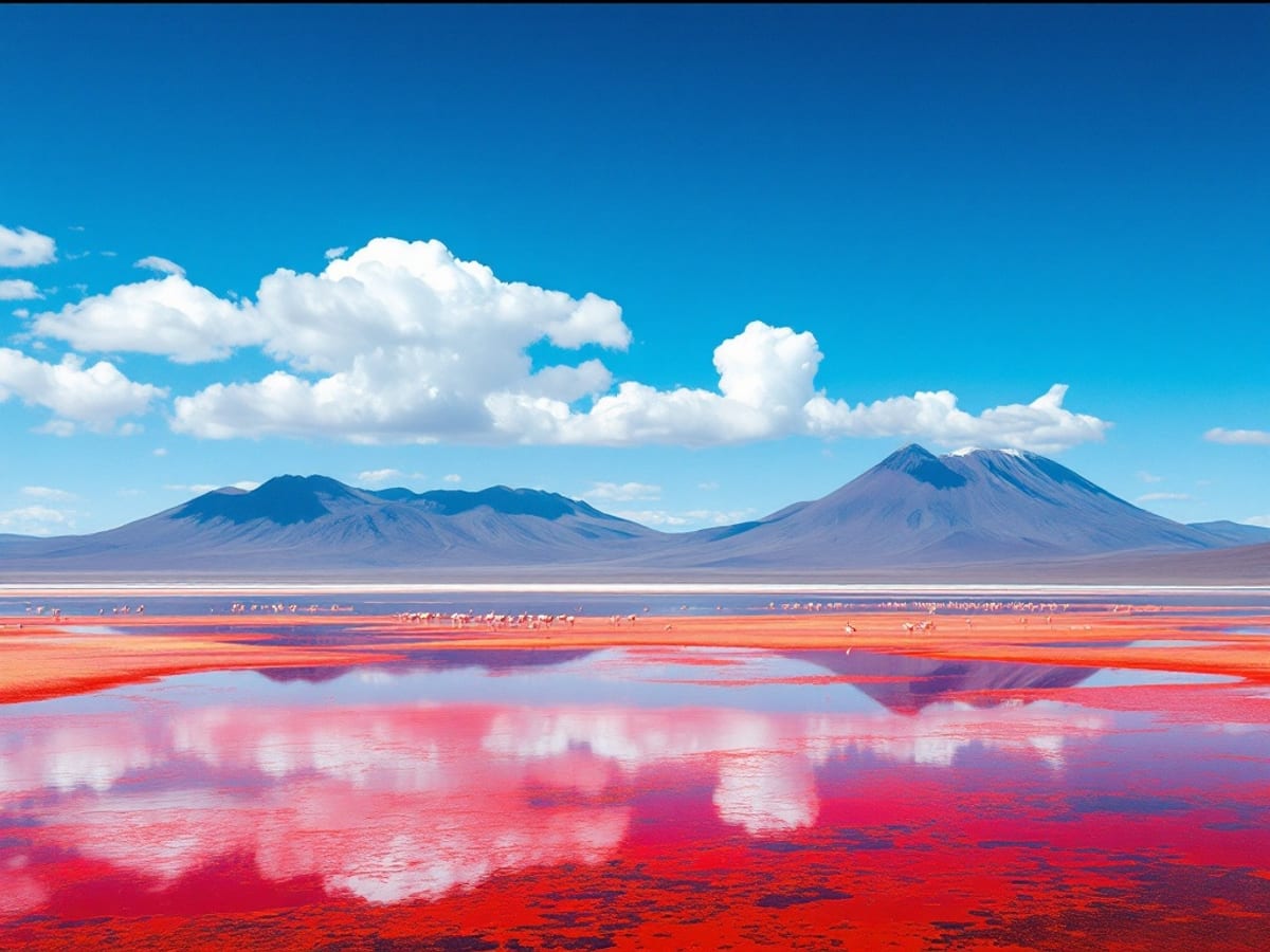 Lagune colorée et flamants roses sur l'altiplano bolivien