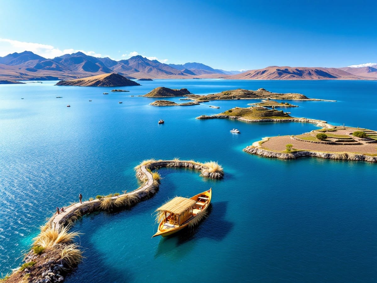 Lac Titicaca et embarcation traditionnelle au pied des Andes