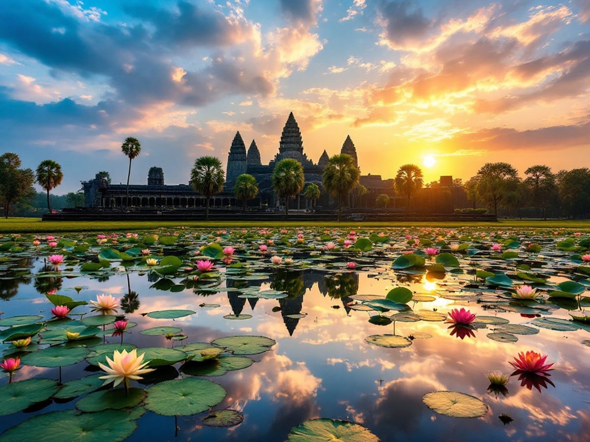 Temple d'Angkor Wat et ses tours reflétées dans un bassin