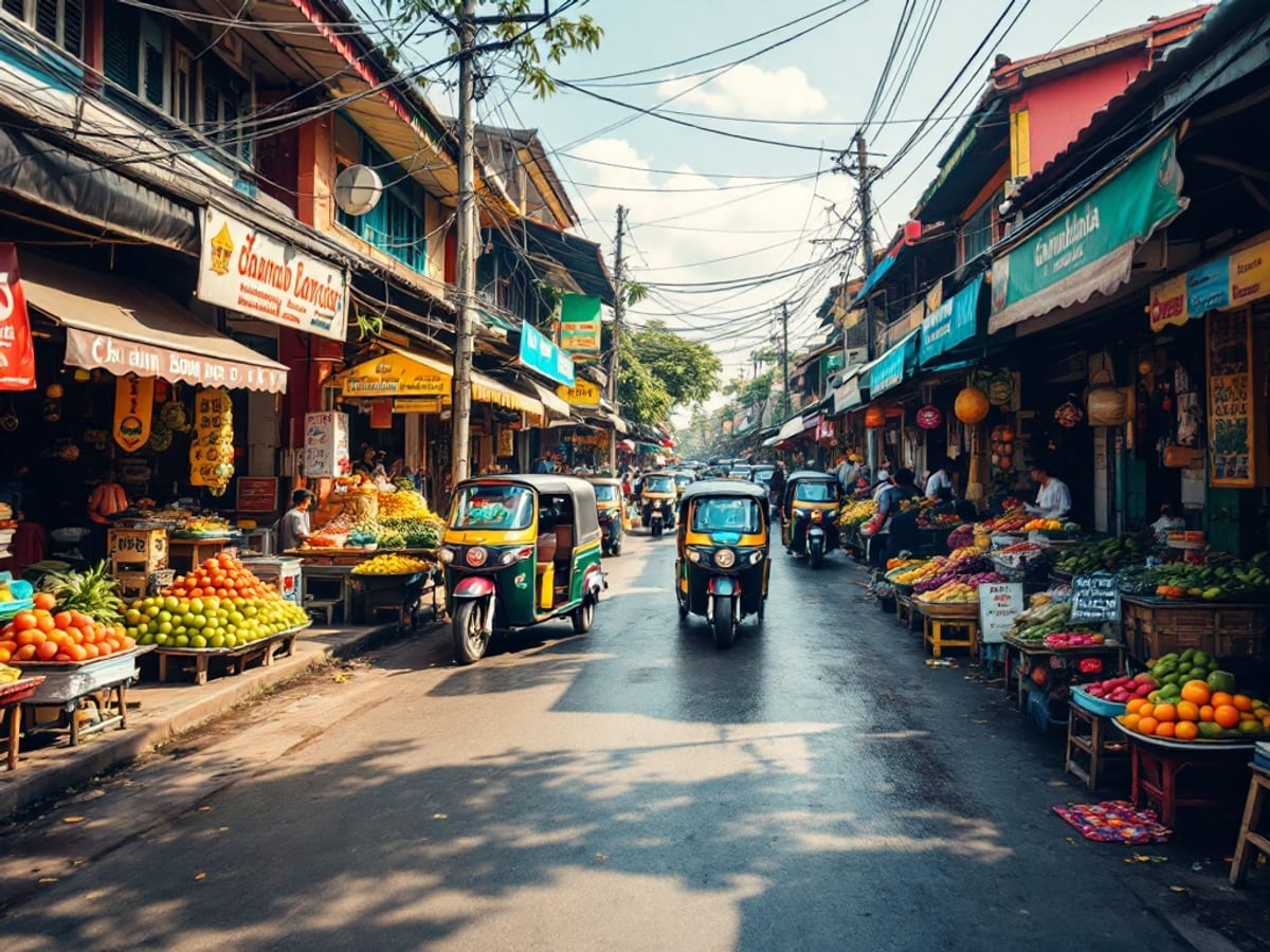 Scène de marché et vie quotidienne dans une ville cambodgienne