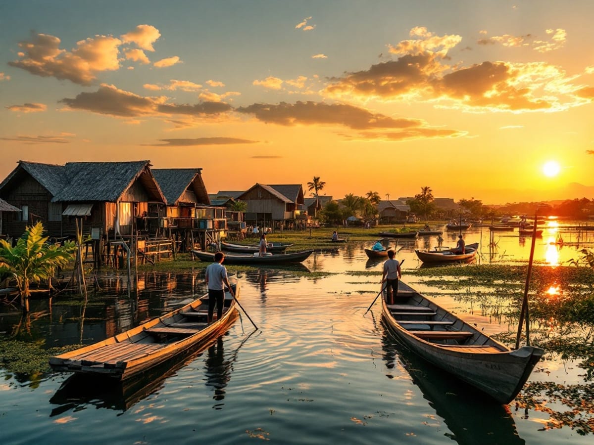 Maisons sur pilotis et pirogues d'un village flottant du Tonlé Sap