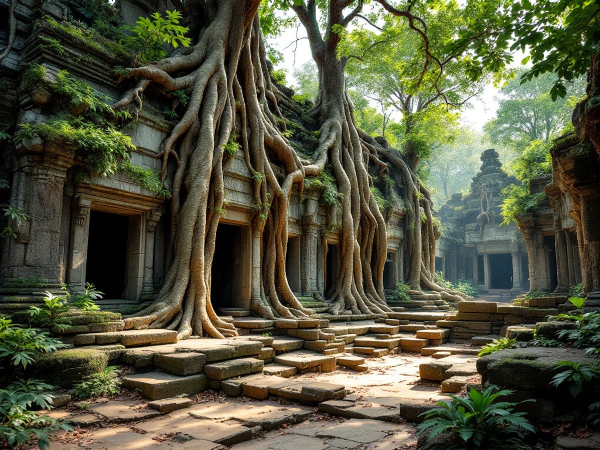 Racines d'arbres géants enlaçant les ruines du temple de Ta Prohm