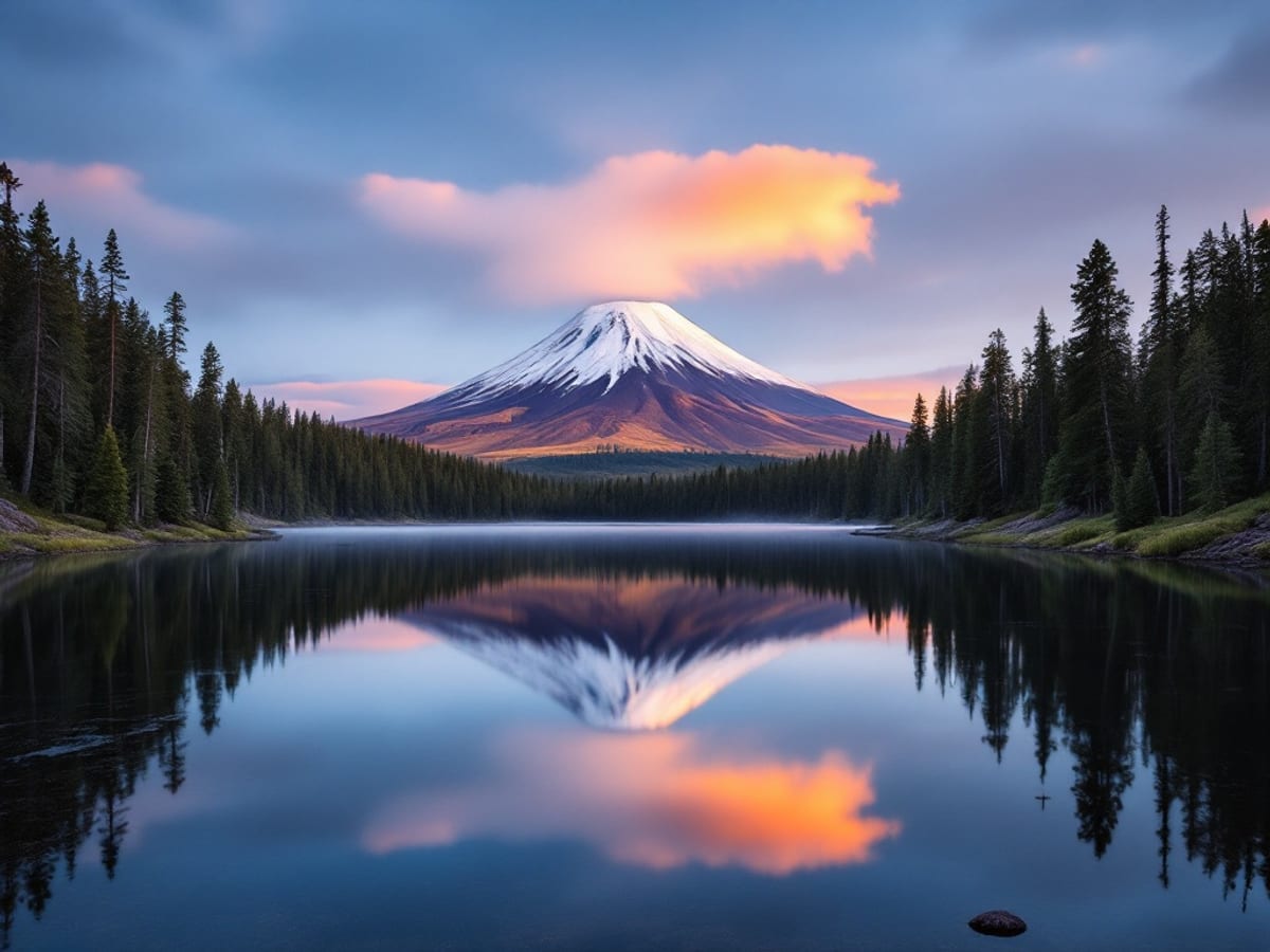 Volcan enneigé se reflétant dans un lac de la région des lacs chilienne